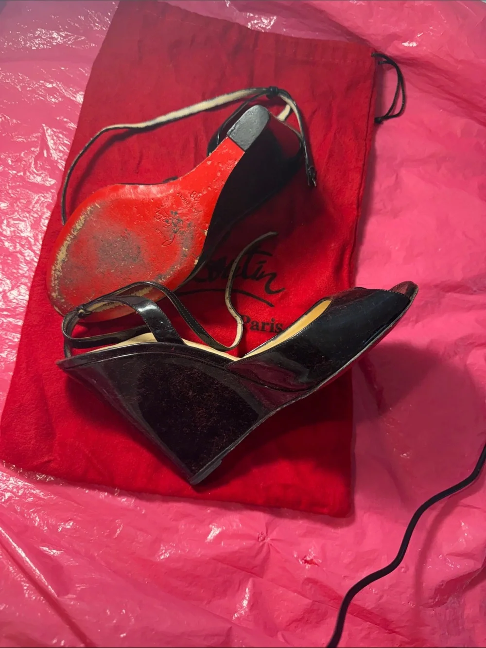 Christian Louboutin Black Patent Peep-Toe Ankle-Tie Heels